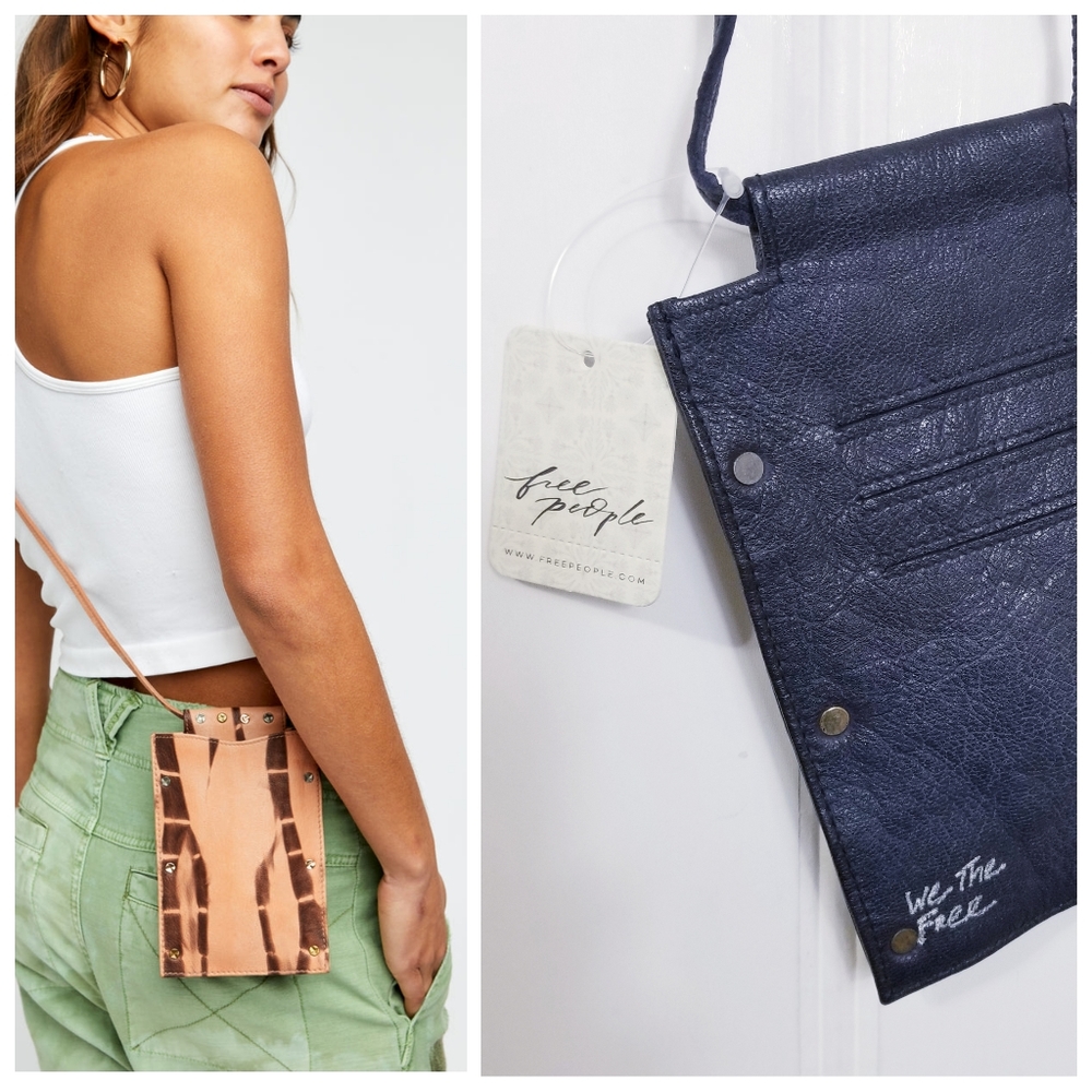 Free People We The Free Black Leather Studded Crossbody Wallet Lanyard NWT